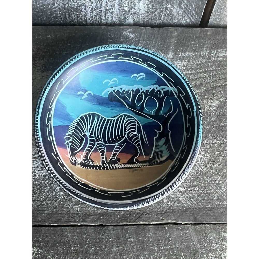 Carved Etched African Soapstone Zebra Trinket Dish Decor